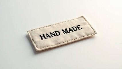 Clothing label reads handmade, isolated against a white background.