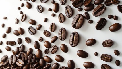 Obraz premium Coffee beans scattered on a white background
