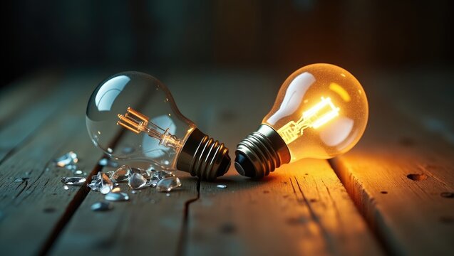 Comparison concept of a Broken and Glowing light bulb, addressing problem and solution, failure and success, learning from mistakes.