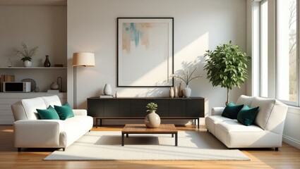 Cozy living space interior featuring two white sofas, a black wooden cabinet near a floor lamp, and a mock-up poster frame. Home decor with template art displayed on the wall.