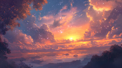 Obraz premium Fantastic Landscape of Starry Sky and Sunset