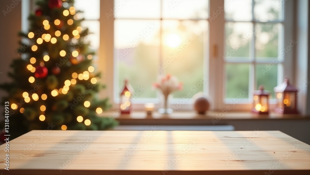 Poster blurred christmas tree and decorated window interior backdrop featuring a wooden tabletop for produc