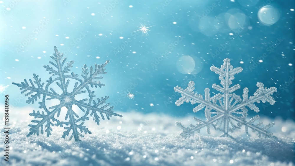 Aufkleber two glittering snowflakes resting on a bed of fresh snow with a soft blue sky as the backdrop