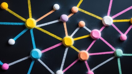 Macro view of colorful pastel links and connections in a social network or decentralize concept on a blackboard, featuring multiple dots or tees.