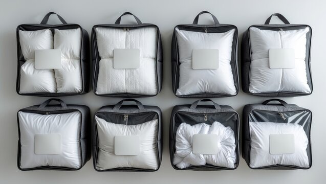Set of white duvets or bedspreads stored in bags with empty labels isolated. Duvets packaged in bags against a white backdrop. Two package types shown, front and back views.