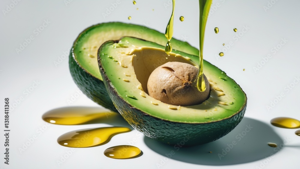 Poster Chopped avocado with juice splashes, isolated on a white background.