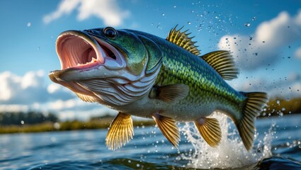 Obraz premium Close-up view of a large mouth bass leaping out of the water.