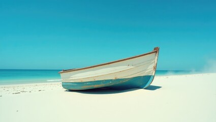 Naklejka premium Broken piece of a boat discovered along a white sand beach