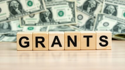 Concept term 'grants' displayed on wooden blocks against an appealing backdrop of dollar bills. Business concept.
