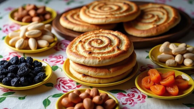 Dastarkhan tablecloth adorned with sweets, nuts, and lavash.