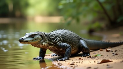 Fototapeta premium common water monitor moves from creek