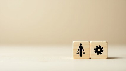 Concept of ethics in business operations management. Business ethics, environmental ethics, applied ethics, and sustainable development. Wooden blocks featuring icons of ethics and business operati...