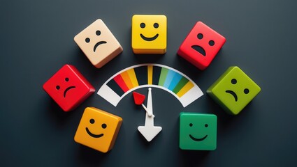 Obraz premium Mood evaluation. Counter arrow. Service satisfaction. Quality review, meet expectations. Measure happiness and contentment. Communication and feedback idea. Assessment. Popularity and strong perfor...