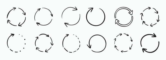 Round circle doodle arrows. Hand drawn arrow icons set. Recycle sketch signs. Repeat line symbols.