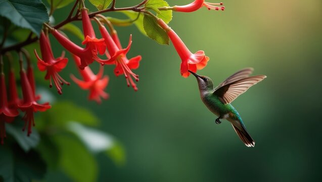 Buff-tailed Coronet in flight gathering nectar from red flower set against a green background.