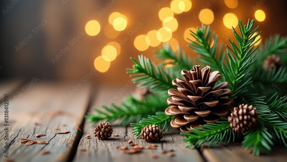Poster christmas decoration featuring a fir tree and pine cones on a wooden table against an abstract backd