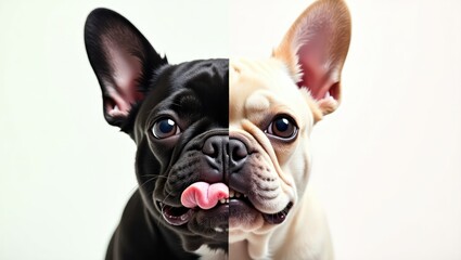 Excited, playful and calm. A fun and creative mix of young dogs' portraits displaying different emotions on a split, multicolored background.