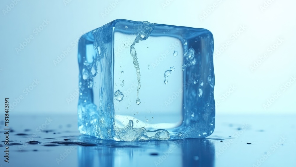 Aufkleber block of clear blue ice with texture on a reflective surface. clipping path included.