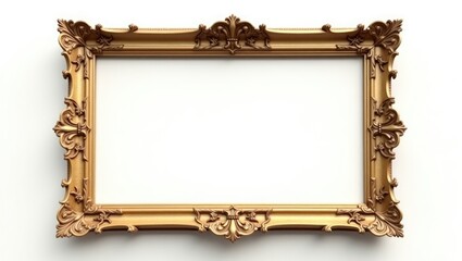 Antique Golden Beige Classic Vintage Wooden Rectangle ornate mockup canvas frame isolated on white. Blank and diverse subject molding baguette. Design element. Suitable for painting, mirror, or photo.