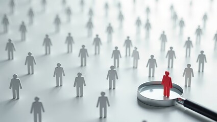 Searching for the right person idea, Magnifying glass concentrating on the red figure amidst many standard people paper cut shapes on grey backdrop.