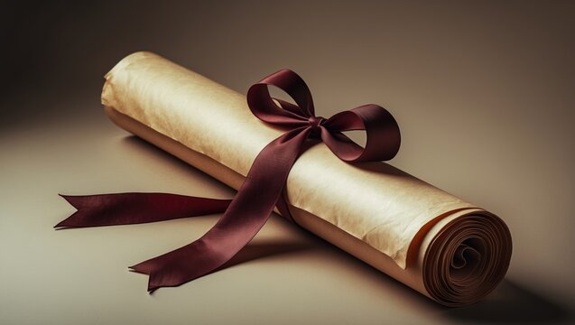 A diploma scroll made of parchment, rolled and tied with a red ribbon, positioned at an oblique angle. Processed to achieve a vintage or retro look.