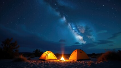 Camping fire beneath the stunning blue starry sky filled with numerous shining stars and clouds.