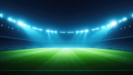 Stunning sports stadium featuring a green grass field illuminated by blue spotlights at night, under a starry sky.