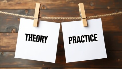 Symbol of theory and practice. Wooden clothespins holding white sheets of paper. Words 'theory practice'. Attractive wooden background. Business, theory and practice concept, copy space.