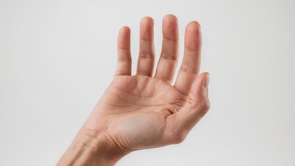 Hand positioned in an open gesture, suggesting the holding of a bottle, smartphone, or similar item, set against a white background with a clipping path.