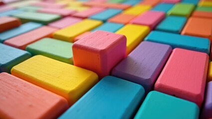 Spectrum of stacked multi-colored wooden blocks. Background or cover for creative, diverse, expanding, rising or growing concepts. Shallow depth of field.