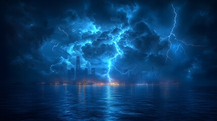 Obraz premium Dramatic Thunderstorm with Glowing Waves and Striking Lightning over Turbulent Ocean