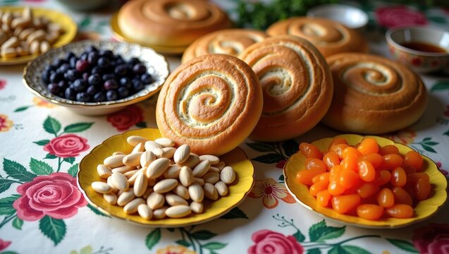 Dastarkhan tablecloth adorned with sweets, nuts, and lavash.