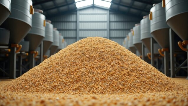 Feed mill for producing livestock and poultry feed.