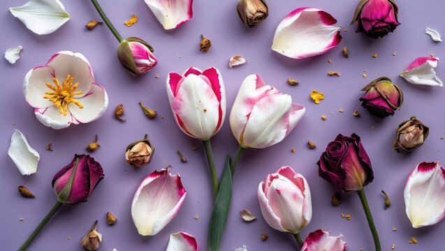 Dry roses, tulips, and carnation flowers.