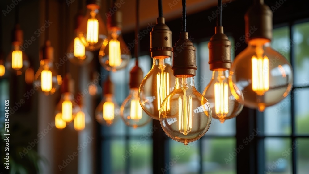 Poster a collection of light bulbs suspended from the ceiling, with some illuminated. the bulbs vary in siz