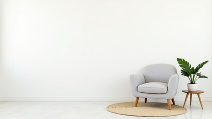 Fototapeta premium Modern interior design featuring a light empty mock-up wall and gray furniture, incorporating elements of loft and vintage style in the living room. Includes an armchair, table with a green plant i...