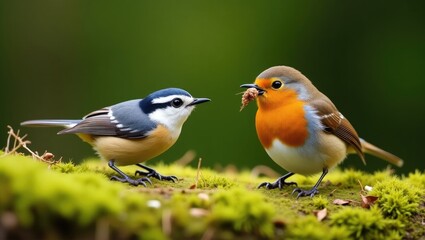 Obraz premium Eurasian nuthatch and robin together in the forest. Adorable garden birds from distinct species engaging in their natural habitat. Two vibrant birds as a background image.