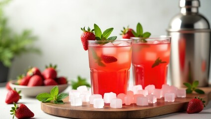 Cold summer strawberry cocktail featuring two glasses filled with fresh strawberry soda, ice cubes, mint, and bartender tools against a light backdrop. Iced strawberry lemonade with ample copy space.