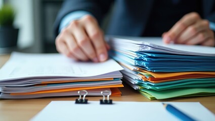 Businessman hands looking through unfinished stacks of paper files on office desk for report papers, piles of documents archived with clips on table, Document is written, drawn, presented.