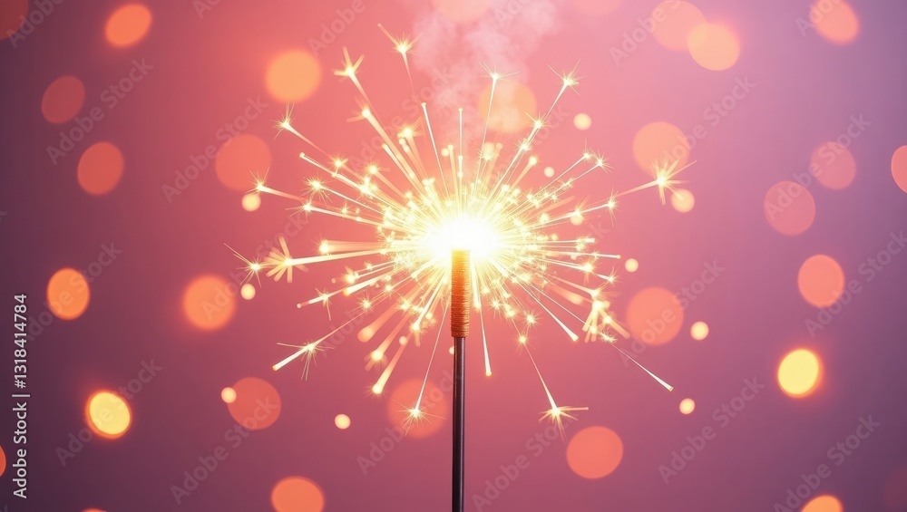 Poster Beautiful sparkles from sparklers against a bokeh backdrop, creating a festive atmosphere. Bright fire set against a pink background.