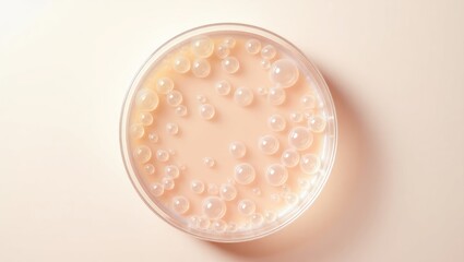 Close-up overhead macro image of gel featuring various sized bubbles in a petri dish against a light background. Abstract skin care gel formulation concept.