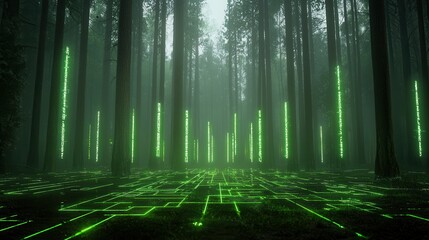 Obraz premium Breathtaking digital artwork showcasing a futuristic ethereal forest landscape with glowing neon lights and a mesmerizing grid like pattern evoking a sense of wonder and imagination