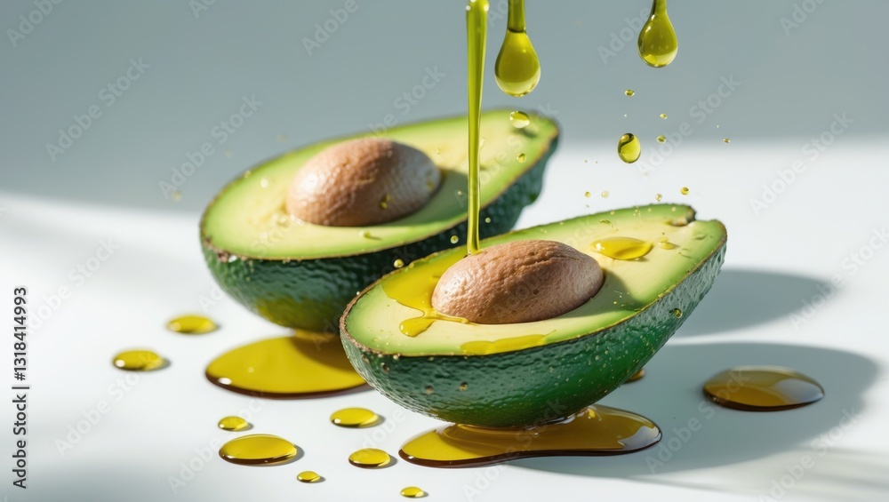 Poster chopped avocado displaying juice splashes, isolated on a white background.