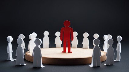 Social discrimination concept featuring numerous small paper figures surrounding a distinct one on a wooden base against a dark background, viewed from the front.
