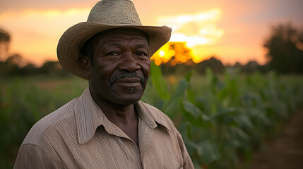 Mature Farmer Portrait In Cornfield At Sunset
