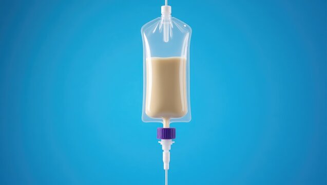 Bottle of enteral nutrition diet suspended and delivering diet via an infusion set. Blue background.