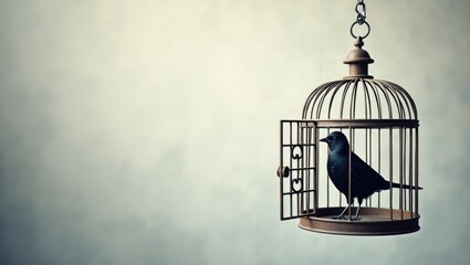 Freedom concept, bird outside an open cage