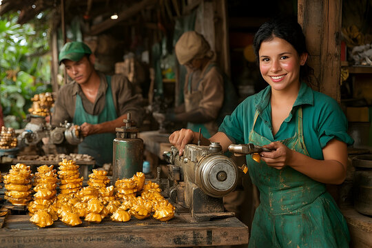 Smiling artisan working with gold-painted crafts in a workshop