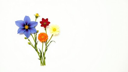 Obraz premium Dry and fresh flowers arranged in a flat layout on a white background. Space for text is available.