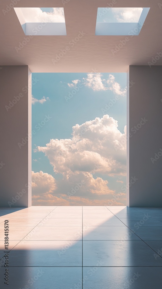 Poster a spacious interior features large openings that showcase a beautiful blue sky filled with fluffy wh